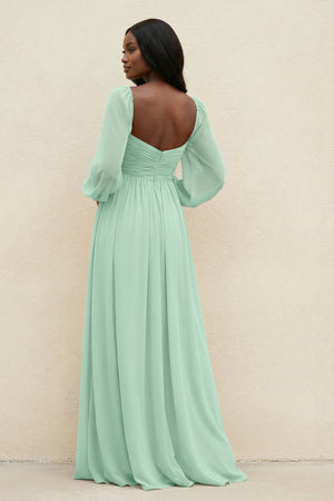Sweetheart Long Sleeve A-Line Bridesmaid Dress in Pale Pistachio (2) | KISSBRIDAL