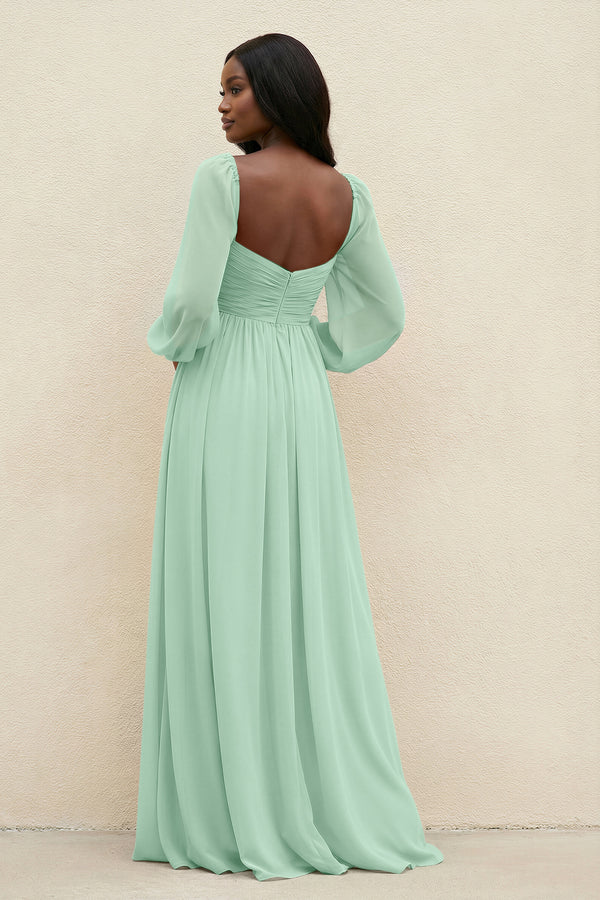 Sweetheart Long Sleeve A-Line Bridesmaid Dress in Pale Pistachio (2) | KISSBRIDAL