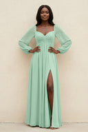 Sweetheart Long Sleeve A-Line Bridesmaid Dress in Pale Pistachio | KISSBRIDAL