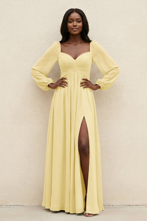 Sweetheart Long Sleeve A - Line Bridesmaid Dress in Pastel Yellow - SHE IS ME Bridesmaid Dresses