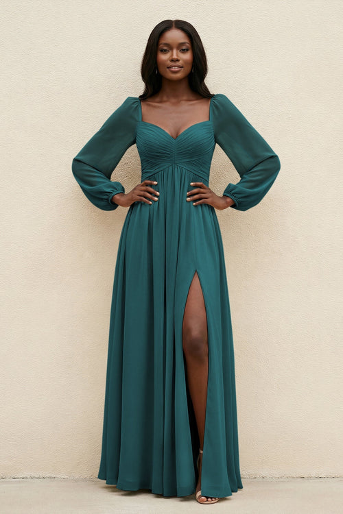 Sweetheart Long Sleeve A - Line Bridesmaid Dress in Pine - SHE IS ME Bridesmaid Dresses