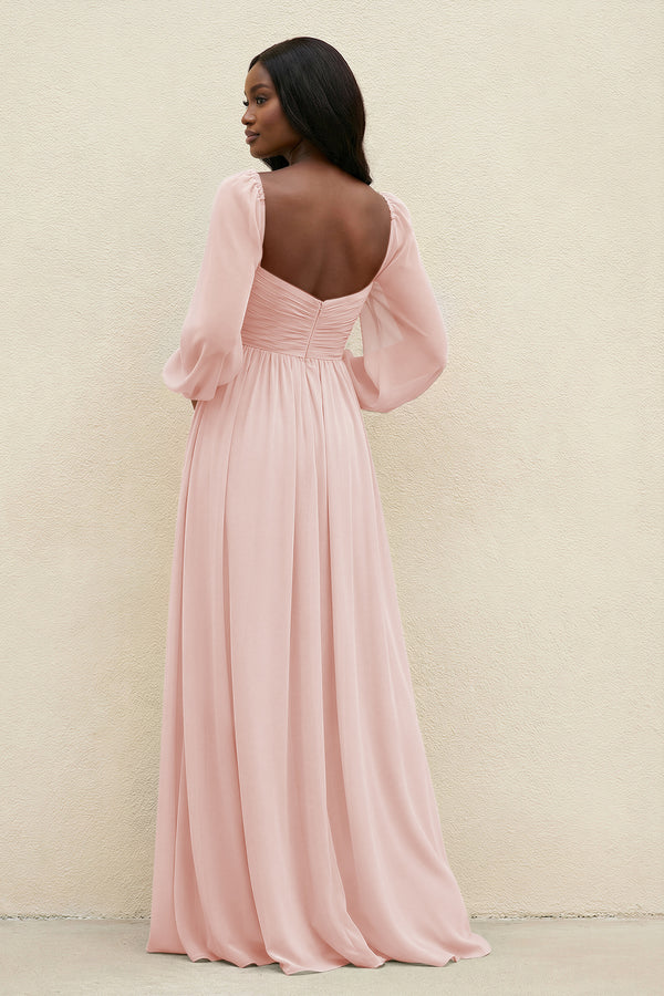 Sweetheart Long Sleeve A-Line Bridesmaid Dress in Rose Petal (2) | KISSBRIDAL