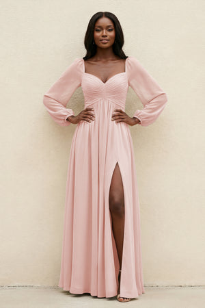 Sweetheart Long Sleeve A-Line Bridesmaid Dress in Rose Petal | KISSBRIDAL