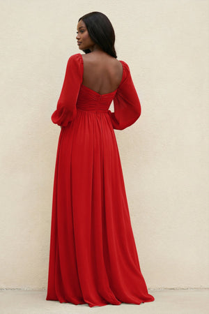 Sweetheart Long Sleeve A - Line Bridesmaid Dress in Ruby Red - SHE IS ME Bridesmaid Dresses