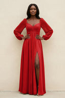 Sweetheart Long Sleeve A - Line Bridesmaid Dress in Ruby Red - SHE IS ME Bridesmaid Dresses