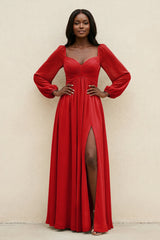 Sweetheart Long Sleeve A - Line Bridesmaid Dress in Ruby Red - KISS BRIDAL Bridesmaid Dresses