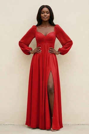 Sweetheart Long Sleeve A - Line Bridesmaid Dress in Ruby Red - SHE IS ME Bridesmaid Dresses
