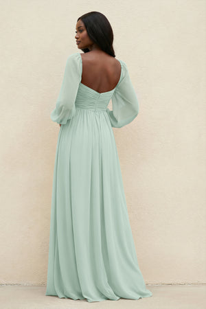 Sweetheart Long Sleeve A-Line Bridesmaid Dress in Sage (2) | KISSBRIDAL