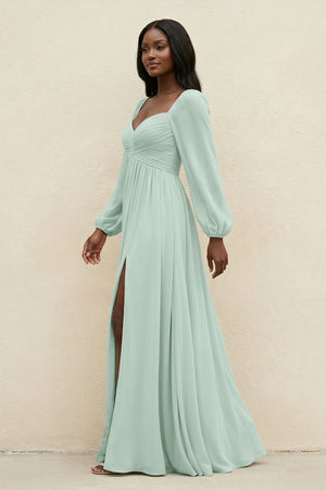 Sweetheart Long Sleeve A-Line Bridesmaid Dress in Sage (3) | KISSBRIDAL