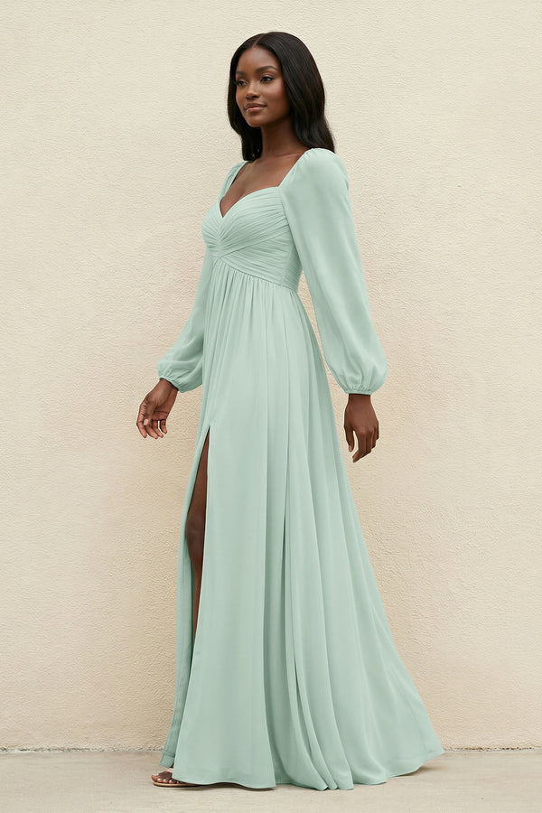 Sweetheart Long Sleeve A-Line Bridesmaid Dress in Sage (3) | KISSBRIDAL