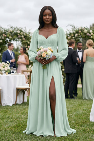 Sweetheart Long Sleeve A-Line Bridesmaid Dress in Sage (4) | KISSBRIDAL