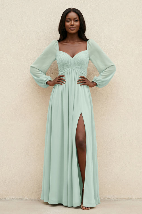 Sweetheart Long Sleeve A-Line Bridesmaid Dress in Sage | KISSBRIDAL