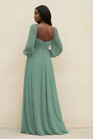 Sweetheart Long Sleeve A-Line Bridesmaid Dress in Sea Glass (2) | KISSBRIDAL