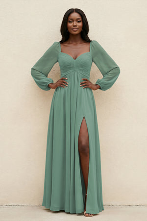 Sweetheart Long Sleeve A-Line Bridesmaid Dress in Sea Glass | KISSBRIDAL