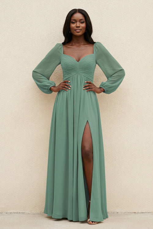 Sweetheart Long Sleeve A-Line Bridesmaid Dress in Sea Glass | KISSBRIDAL