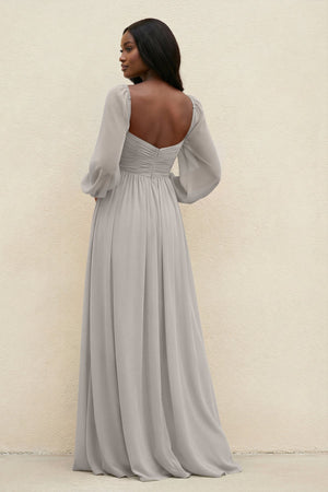 Sweetheart Long Sleeve A - Line Bridesmaid Dress in Silver - SHE IS ME Bridesmaid Dresses