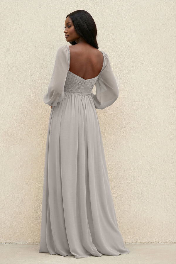Sweetheart Long Sleeve A - Line Bridesmaid Dress in Silver - SHE IS ME Bridesmaid Dresses