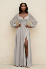 Sweetheart Long Sleeve A - Line Bridesmaid Dress in Silver - KISS BRIDAL Bridesmaid Dresses