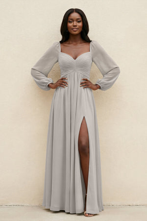 Sweetheart Long Sleeve A - Line Bridesmaid Dress in Silver - SHE IS ME Bridesmaid Dresses