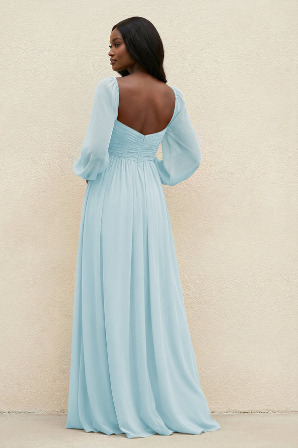 Sweetheart Long Sleeve A - Line Bridesmaid Dress in Sky Blue - SHE IS ME Bridesmaid Dresses
