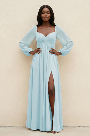 Sweetheart Long Sleeve A - Line Bridesmaid Dress in Sky Blue - SHE IS ME Bridesmaid Dresses