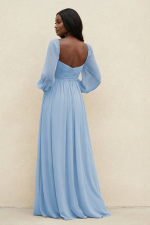 Sweetheart Long Sleeve A-Line Bridesmaid Dress in Steel Blue (2) | KISSBRIDAL