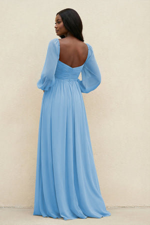 Sweetheart Long Sleeve A - Line Bridesmaid Dress in Steel Blue - SHE IS ME Bridesmaid Dresses