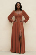 Sweetheart Long Sleeve A-Line Bridesmaid Dress in Terracotta | KISSBRIDAL