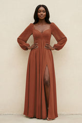 Sweetheart Long Sleeve A-Line Bridesmaid Dress in Terracotta | KISSBRIDAL