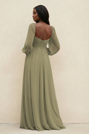 Sweetheart Long Sleeve A-Line Bridesmaid Dress in Thyme (2) | KISSBRIDAL