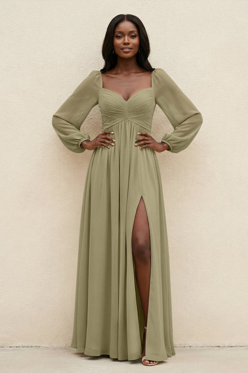 Sweetheart Long Sleeve A - Line Bridesmaid Dress in Thyme - SHE IS ME Bridesmaid Dresses