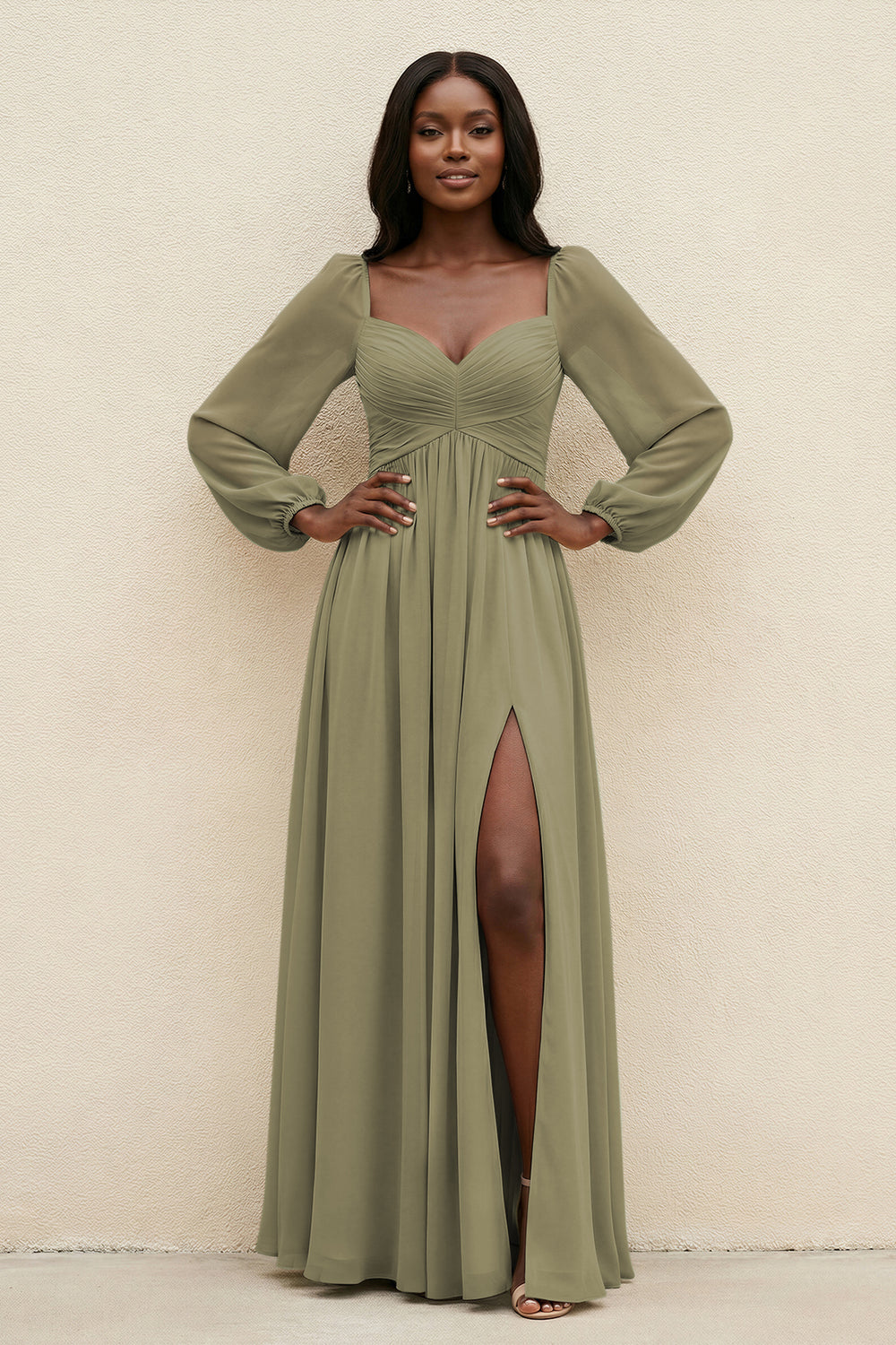 Sweetheart Long Sleeve A-Line Bridesmaid Dress in Thyme