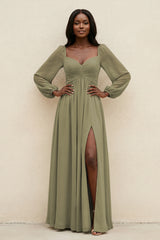 Sweetheart Long Sleeve A-Line Bridesmaid Dress in Thyme | KISSBRIDAL