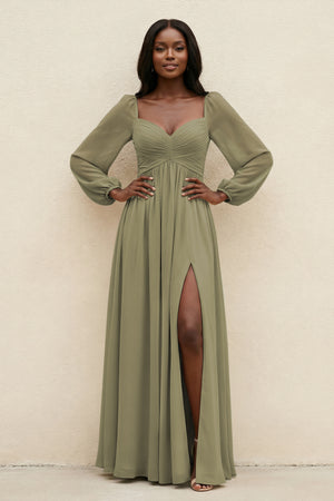 Sweetheart Long Sleeve A-Line Bridesmaid Dress in Thyme | KISSBRIDAL