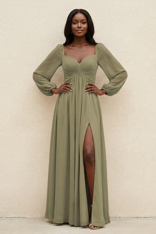 Sweetheart Long Sleeve A-Line Bridesmaid Dress in Thyme | KISSBRIDAL