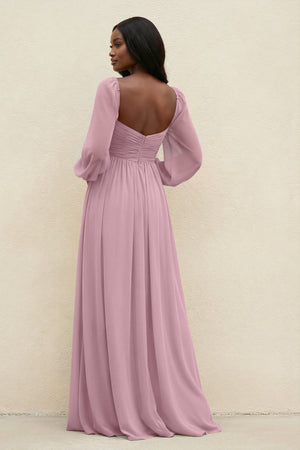 Sweetheart Long Sleeve A-Line Bridesmaid Dress in Vintage Mauve (2) | KISSBRIDAL