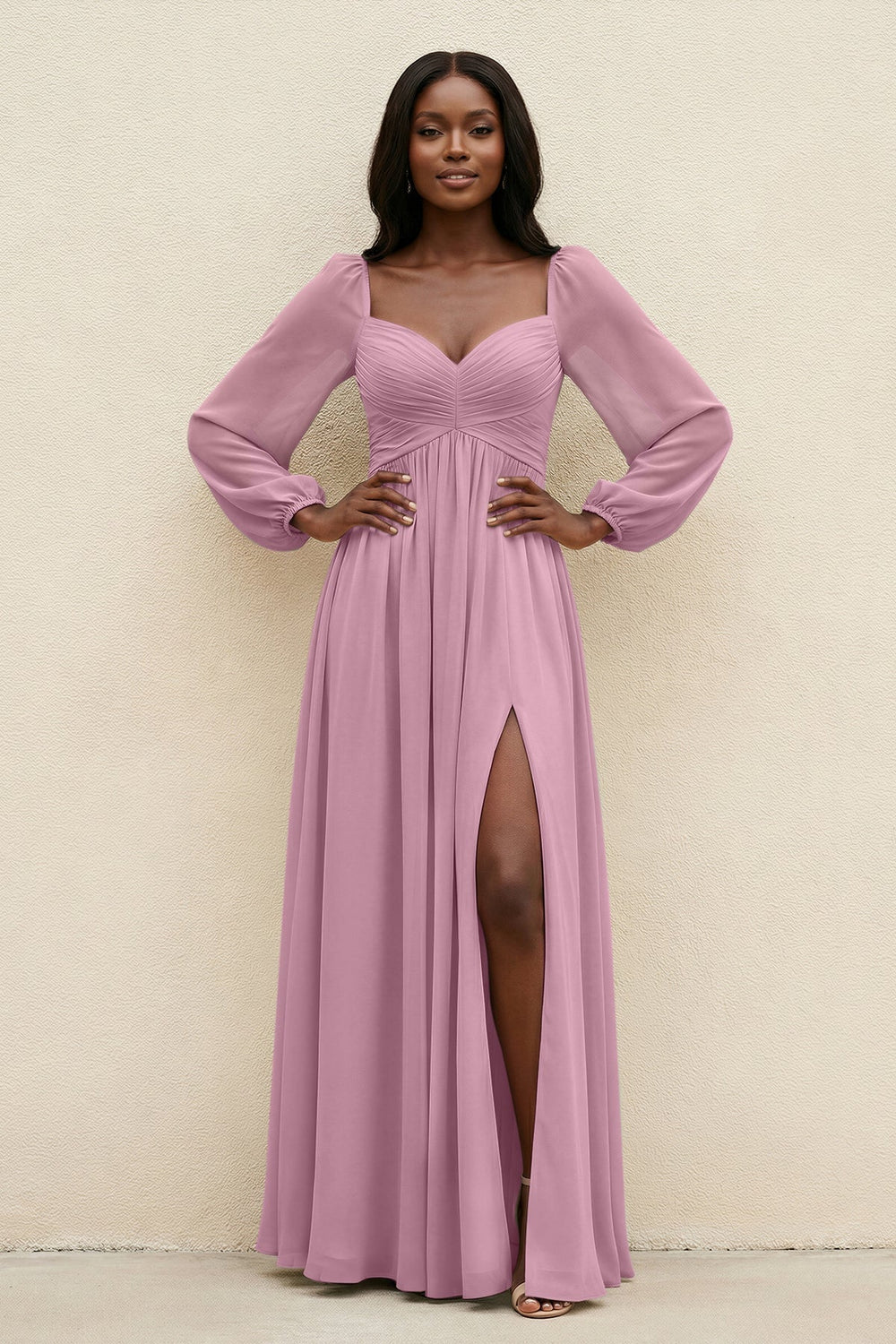 Sweetheart Long Sleeve A - Line Bridesmaid Dress in Vintage Mauve - KISS BRIDAL Bridesmaid Dresses