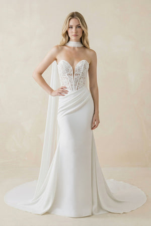 Sweetheart Mermaid Corset Lace Satin Wedding Dress With Scarf in White - SHE IS ME Wedding Dresses