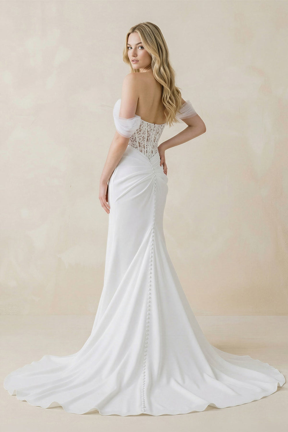 Sweetheart Mermaid Corset Lace Satin Wedding Dress With Scarf in White - KISS BRIDAL Wedding Dresses