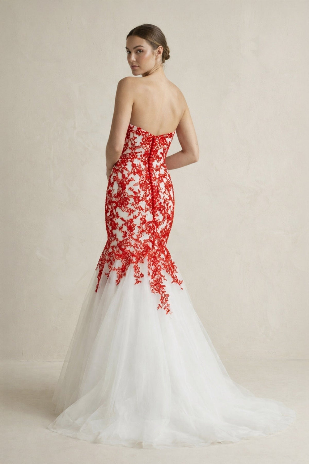 Sweetheart Mermaid Lace Appliqued Wedding Dress in Red - KISS BRIDAL Wedding Dresses
