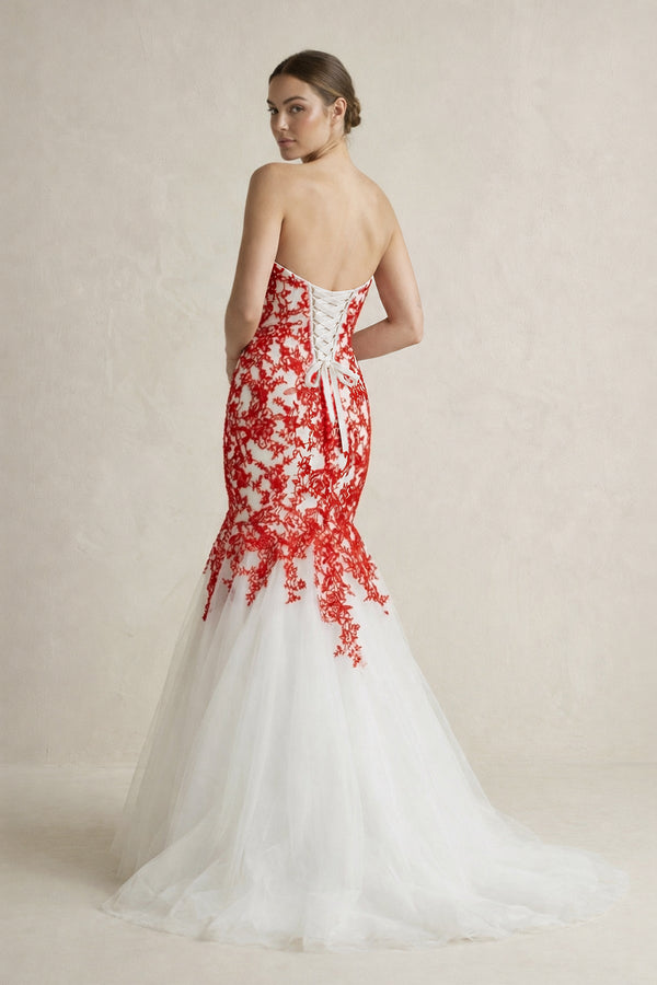 Sweetheart Mermaid Lace Appliqued Wedding Dress in Red - KISS BRIDAL Wedding Dresses