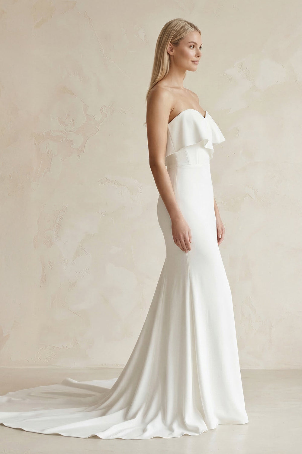 Sweetheart Mermaid Satin Ruffled Wedding Dress in White - KISS BRIDAL Wedding Dresses