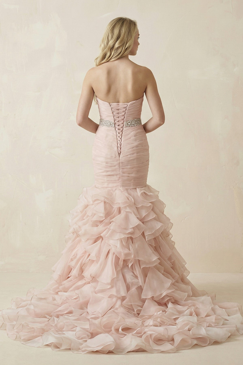 Sweetheart Mermaid Tulle Ruffled Wedding Dress With Waist Embellishment in Pink - KISS BRIDAL Wedding Dresses