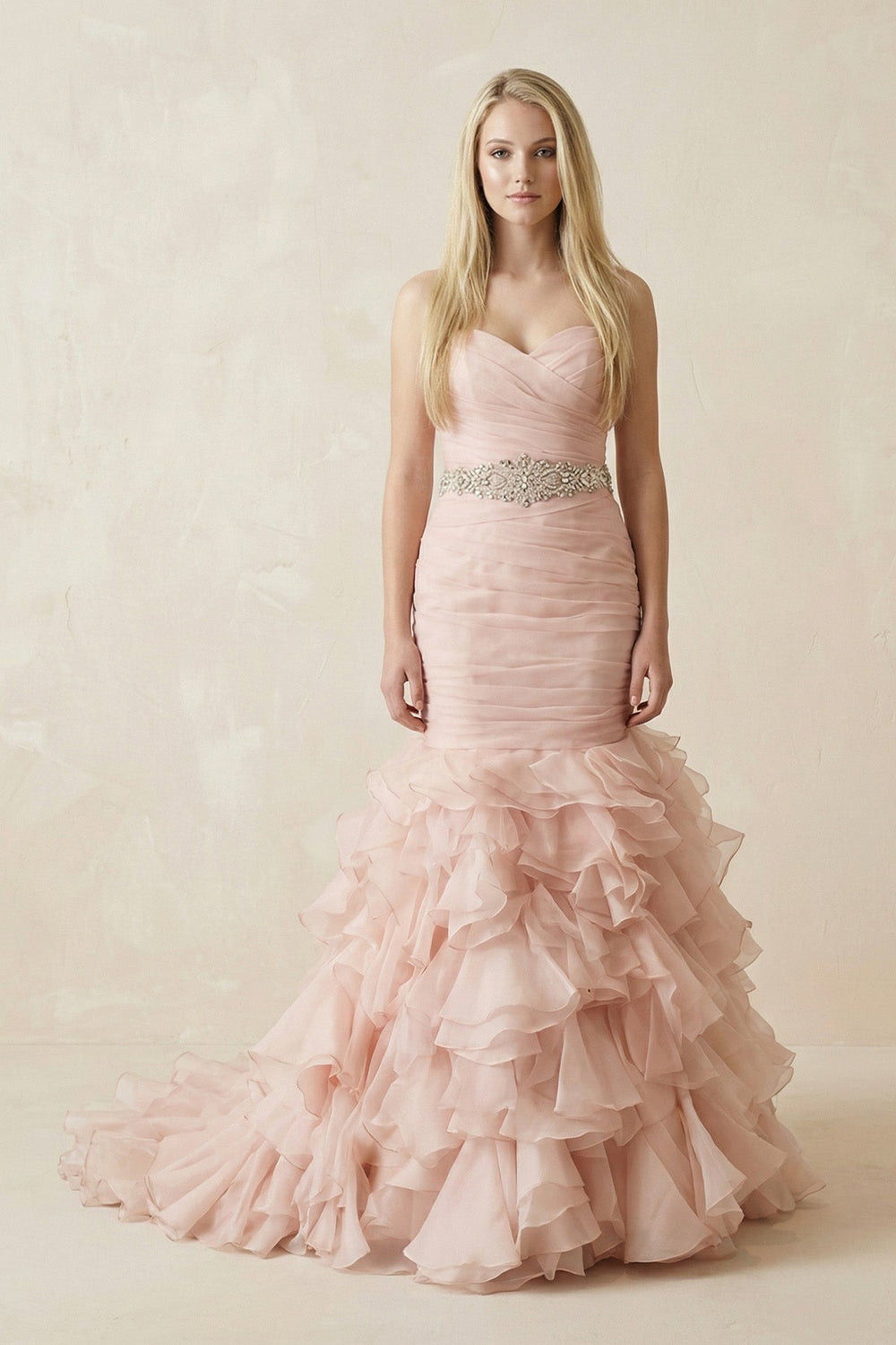 Sweetheart Mermaid Tulle Ruffled Wedding Dress With Waist Embellishment in Pink - KISS BRIDAL Wedding Dresses