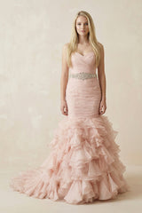 Sweetheart Mermaid Tulle Ruffled Wedding Dress With Waist Embellishment in Pink - KISS BRIDAL Wedding Dresses