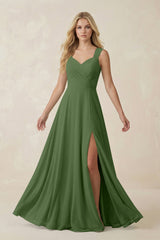 Sweetheart A-Line Chiffon Long Bridesmaid Dress in Moss