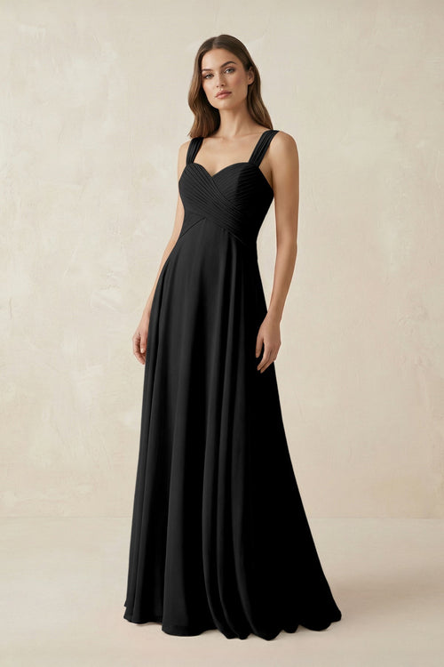 Sweetheart Pleated A - Line Chiffon Bridesmaid Dress in Black - SHE IS ME Bridesmaid Dresses