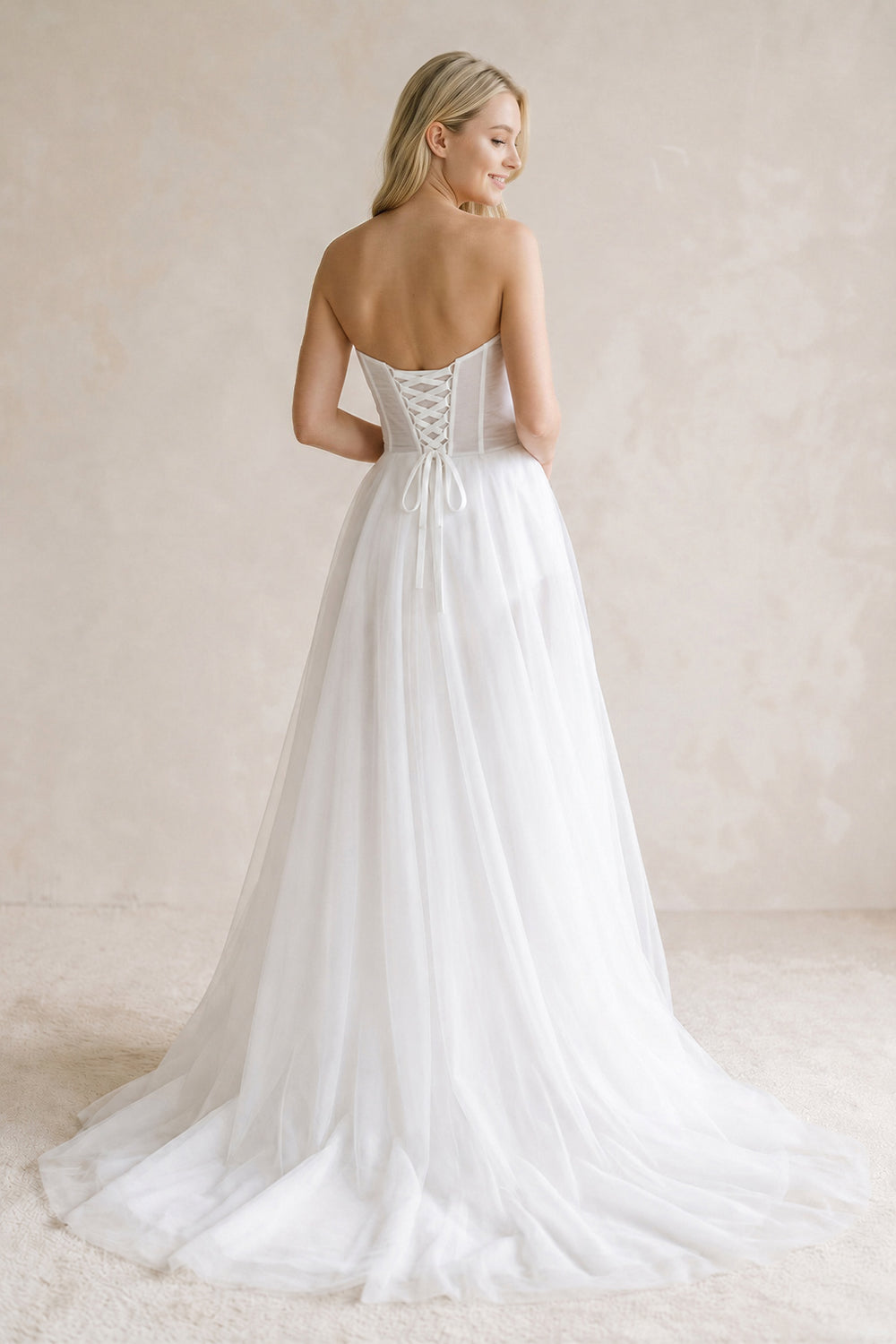 Sweetheart Pleated A-Line Tulle Corset Wedding Dress in White — KissBridal