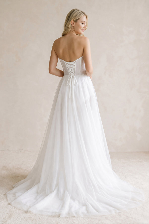 Sweetheart Pleated A-Line Tulle Corset Wedding Dress in White — KissBrida