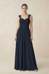 Sweetheart Pleated Chiffon A - Line Bridesmaid Dress in Dark Navy - KISS BRIDAL Bridesmaid Dresses